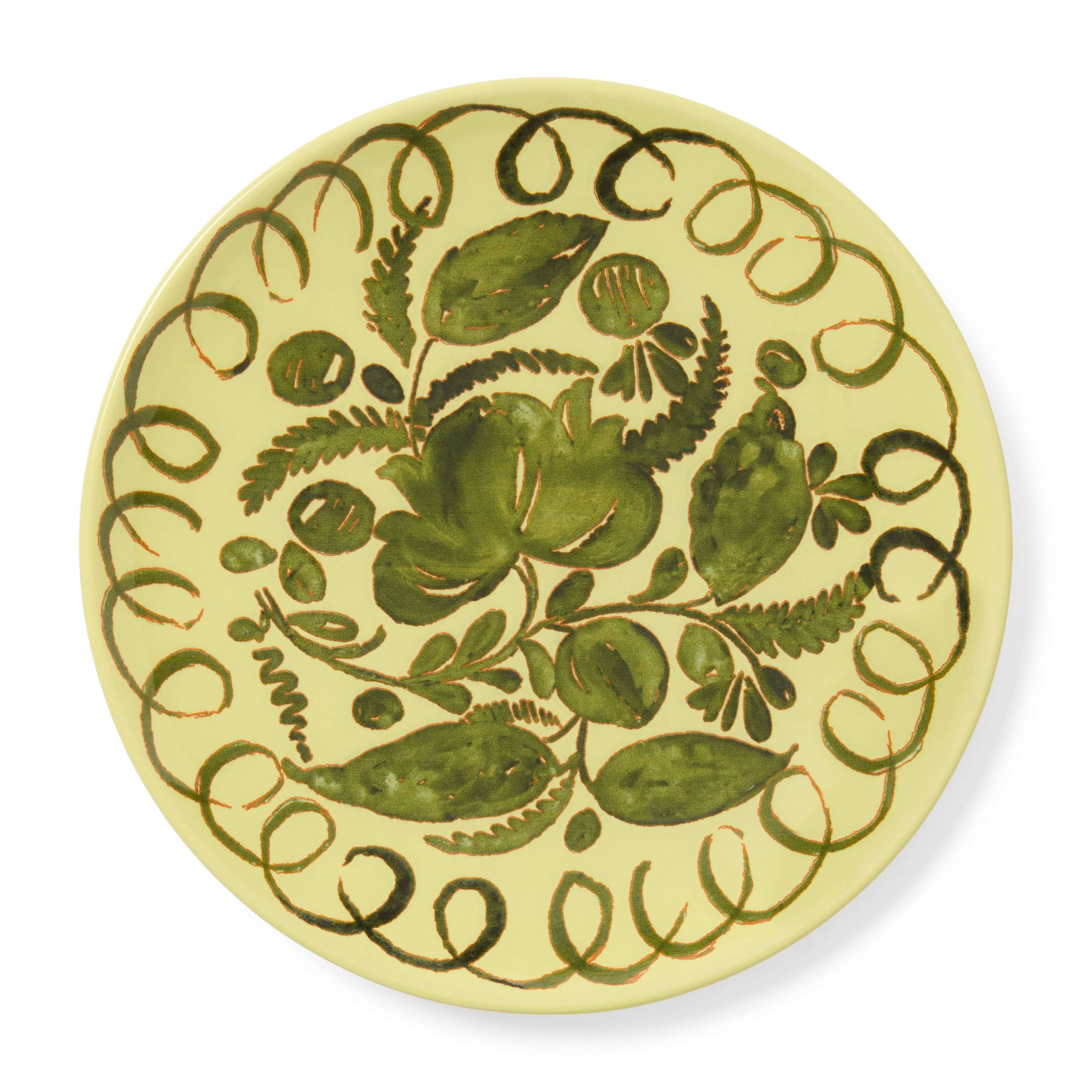 Amalfi Dessert Plate Lime - 9.1" Diameter with intricate green floral design on a vibrant lime background.