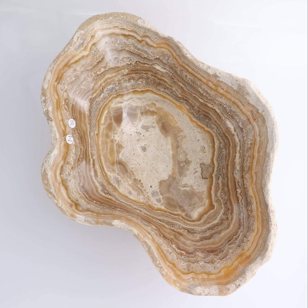 Mexican Onyx/Calcite Bowl 16" with rich amber and honey-toned banding, uniquely hand-carved and luminous.