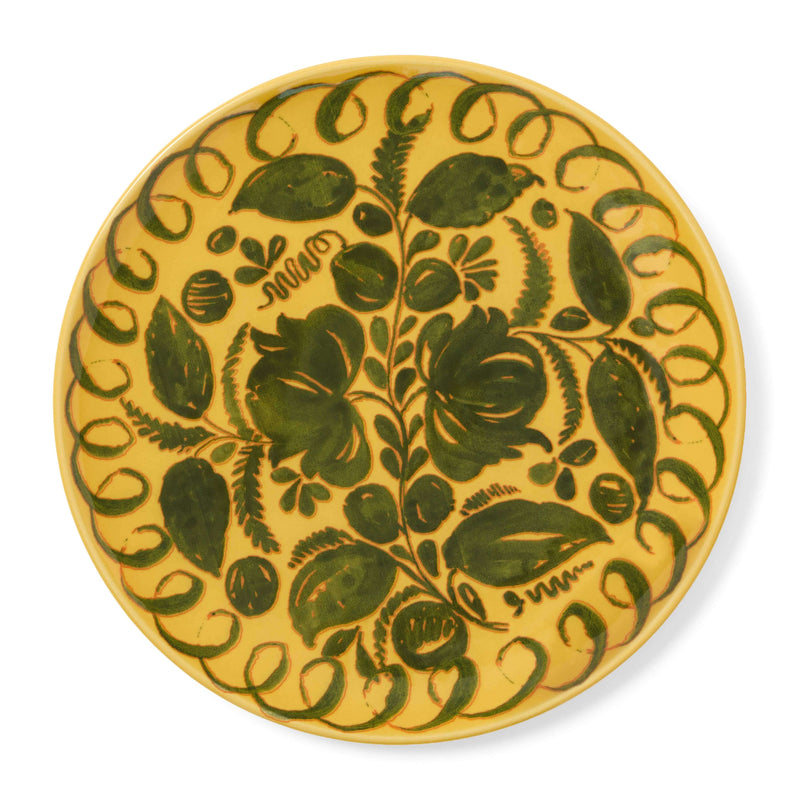 Amalfi Dinner Plate Mustard - 10.6" Diameter with intricate green floral patterns on a warm yellow background.