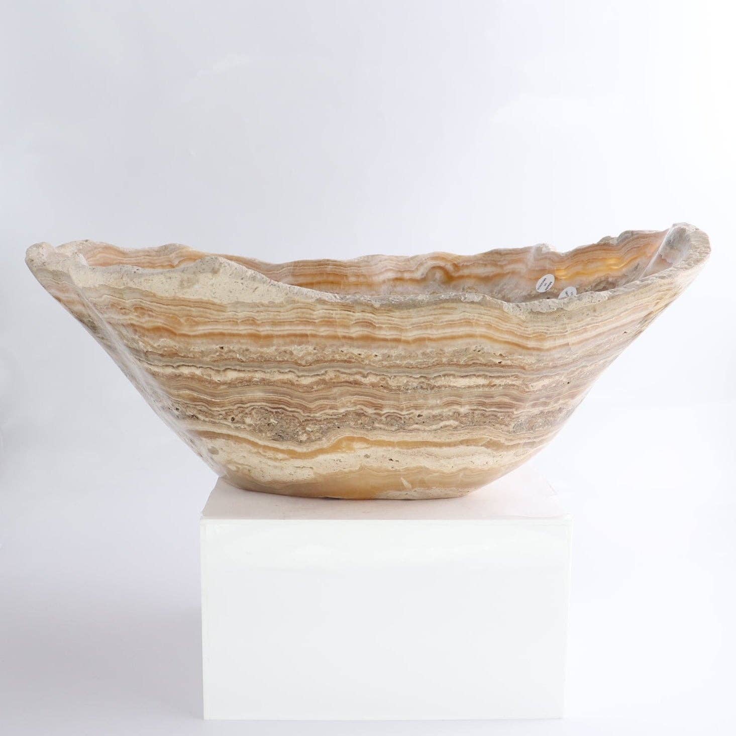 Mexican Onyx/Calcite Bowl 16" with natural warm amber and honey tones, hand-carved and unique.
