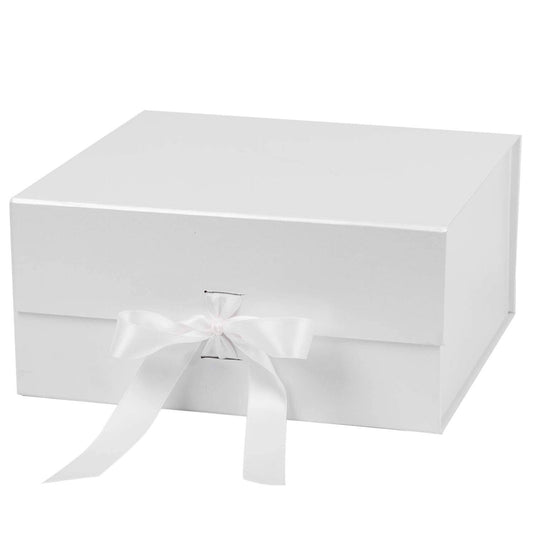 8" x 8" x 4" Collapsible Gift Box w/ Satin Ribbon & Magnetic | White