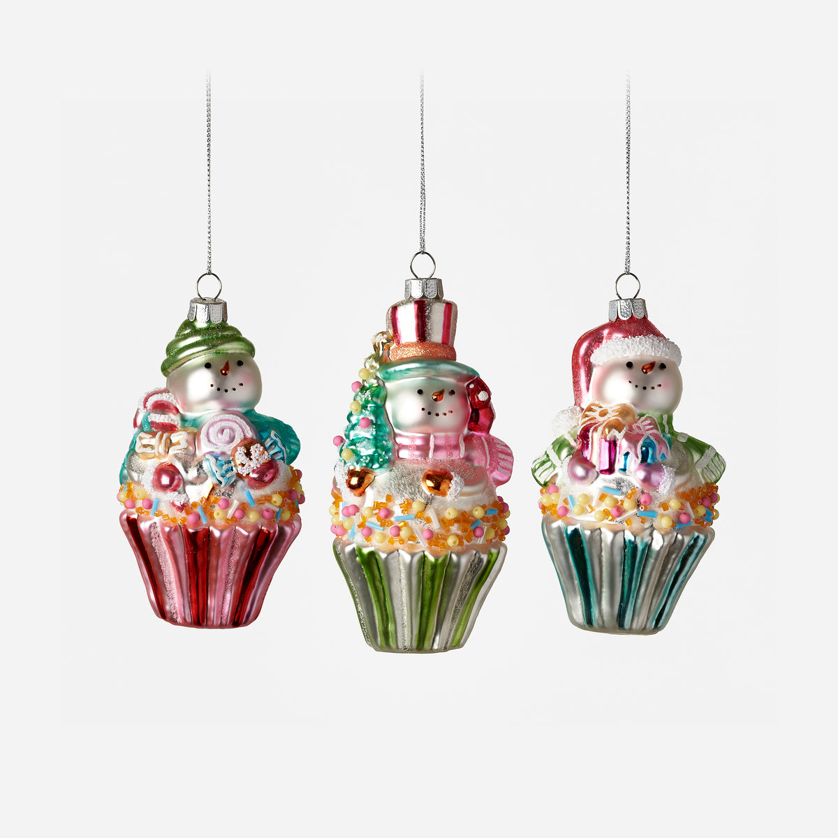 Snowman Cupcake Ornament, Set of 3 Assorted