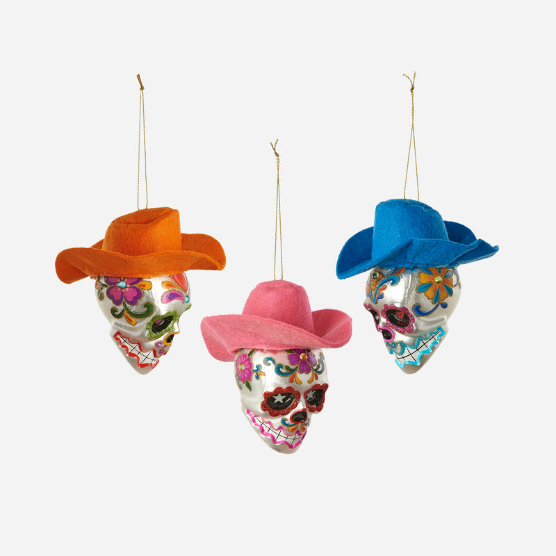 Sugar Skull with Cowboy Hat Ornament, Set of 3 Assorted