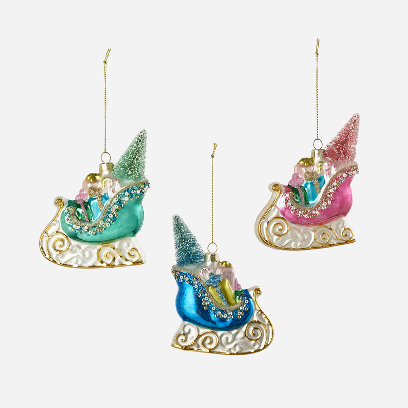 Sleigh Ornament, Set of 3 Assorted
