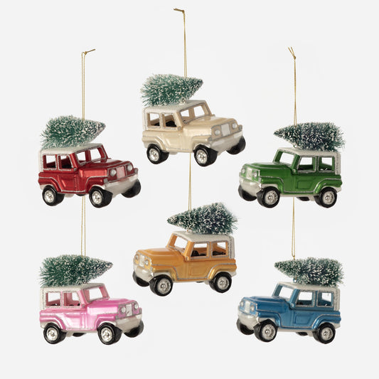 Jeep with Sisal Tree Ornament - Set of 6 Assorted