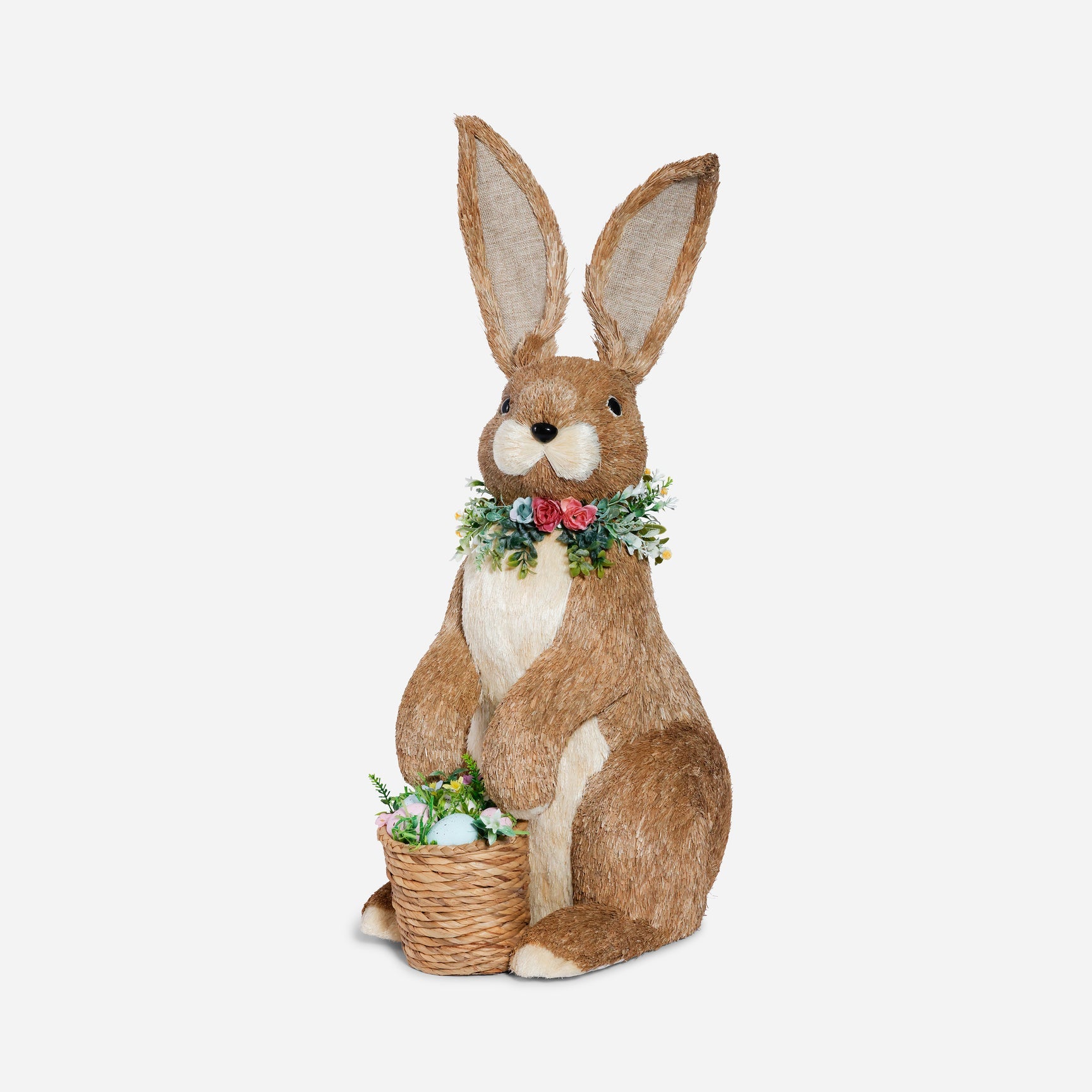 Decorative rabbit with floral wreath and basket on a light gray background