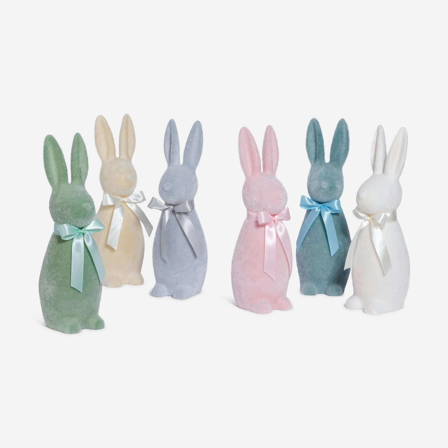 Flocked Button Nose Bunny - SINGLE set of six pastel colored bunnies with ribbons, perfect for spring decor and centerpieces.