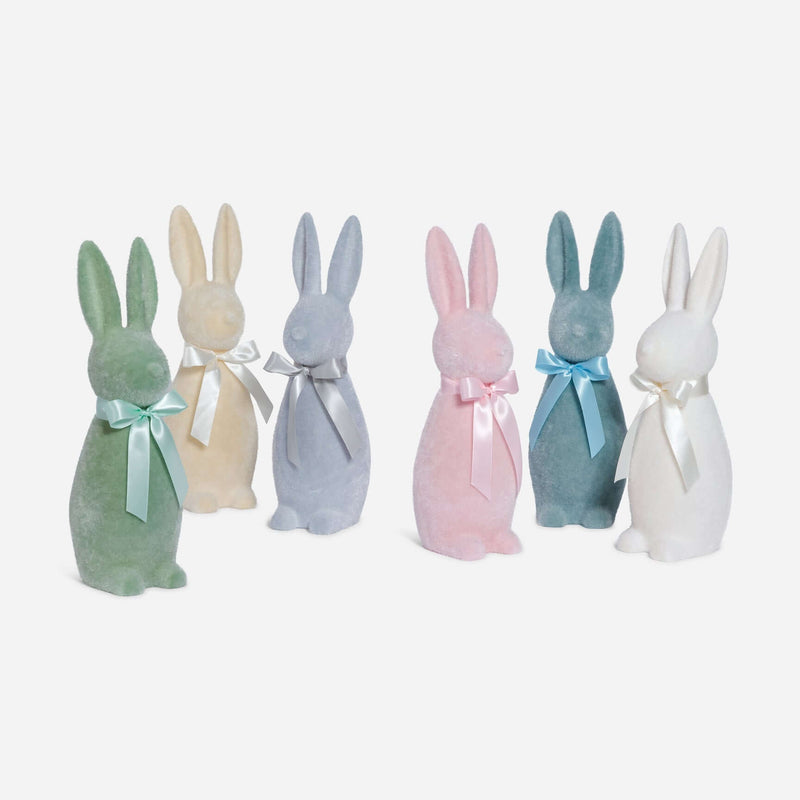 Flocked Button Nose Bunny - SINGLE set of six pastel colored bunnies with ribbons, perfect for spring decor and centerpieces.