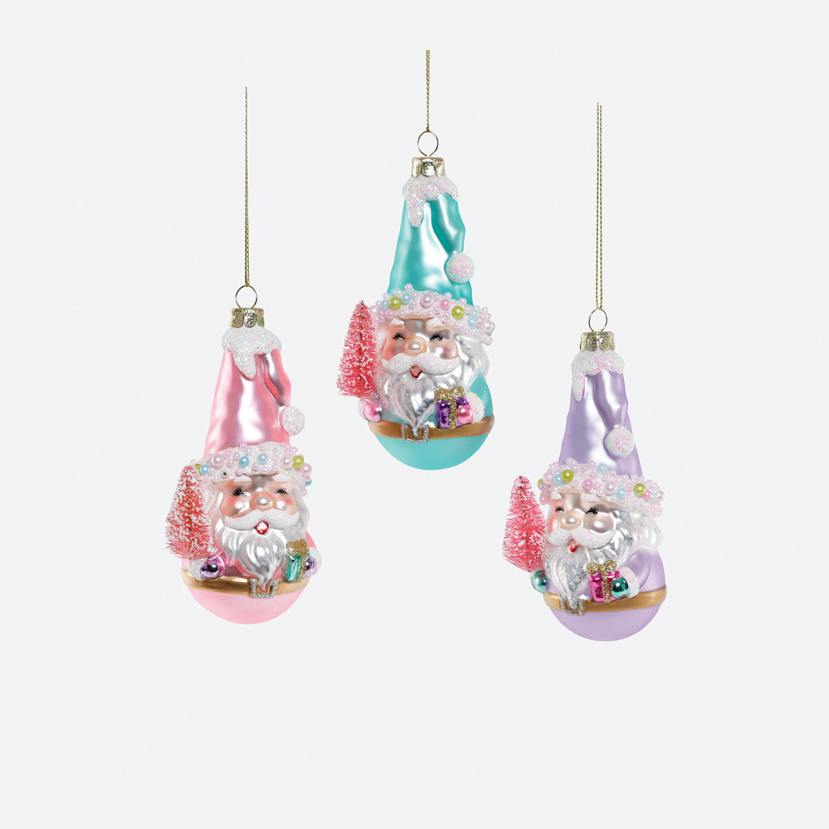 Pastel Santa on Ball Glass Ornament, Set of 3 Assorted