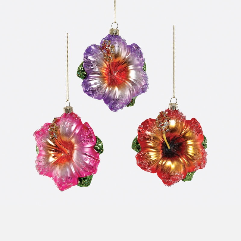 Hibiscus Flower Glass Ornament, Set of 3 Assorted