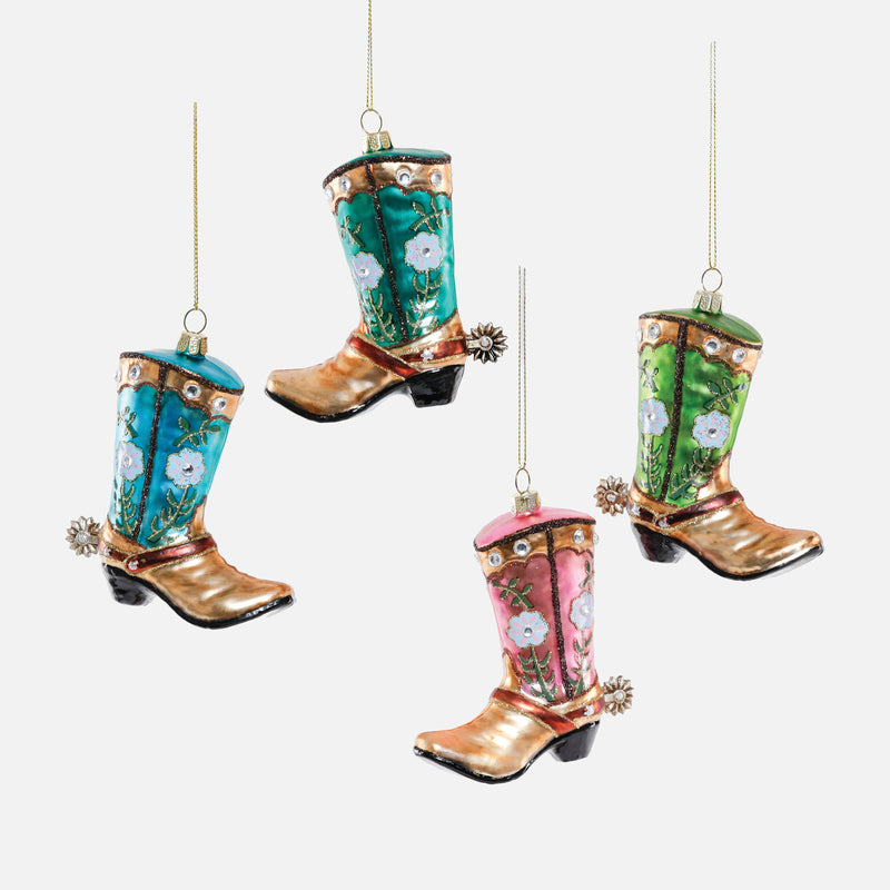 Fancy Floral Cowboy Boot Glass Ornament, Set of 4 Assorted