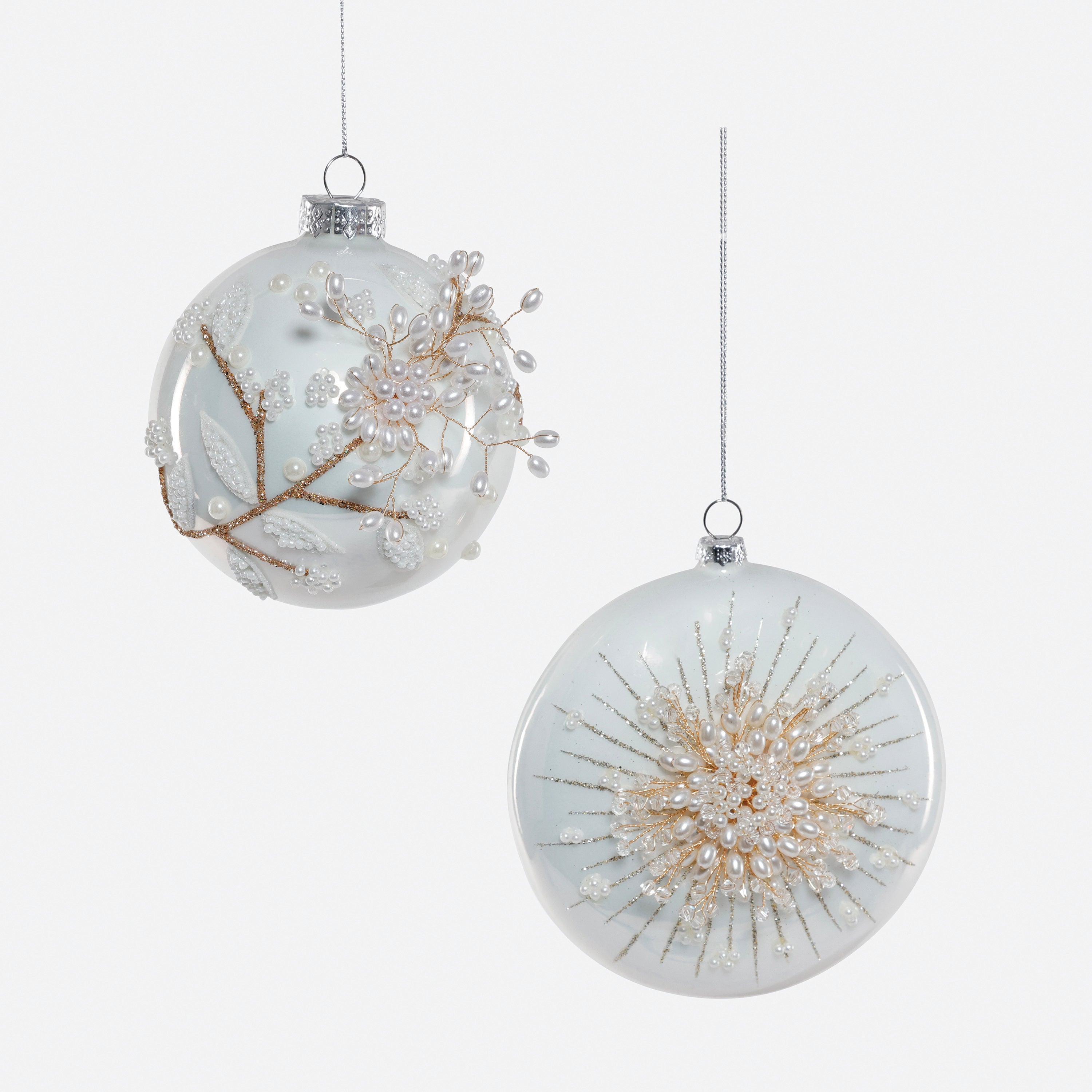 Pearl Embellished Glass Ornament, Set of 2 Assorted