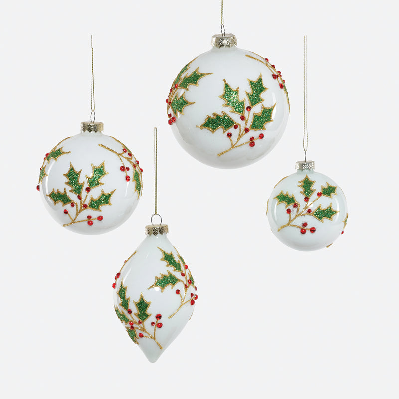Holly Berry Glass Ornament, Set of 4 Assorted