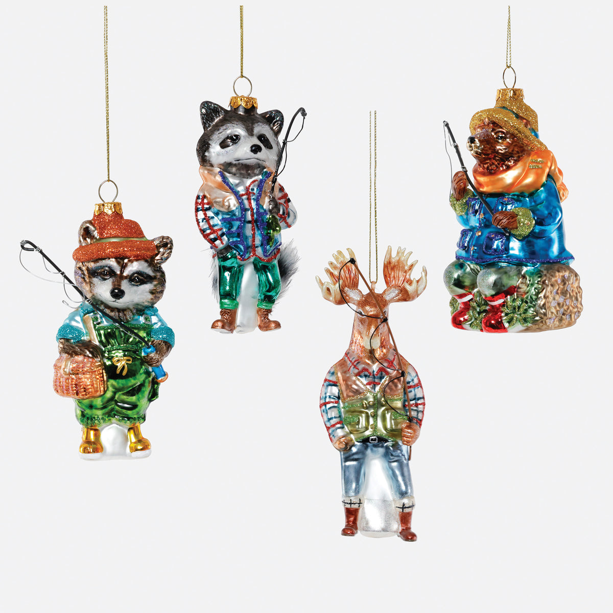 Fishing Animal Glass Ornament, Set of 4 Assorted