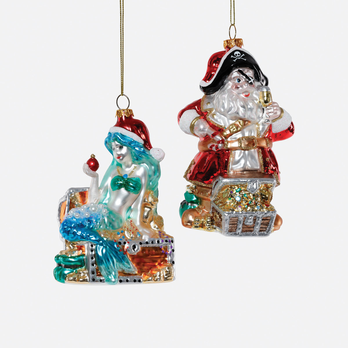 Mermaid and Santa Pirate Glass Ornament, Set of 2 Assorted