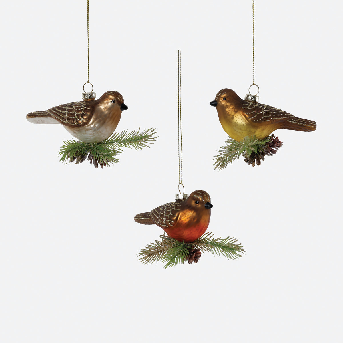 Woodland Bird Glass Ornament, Set of 3 Assorted