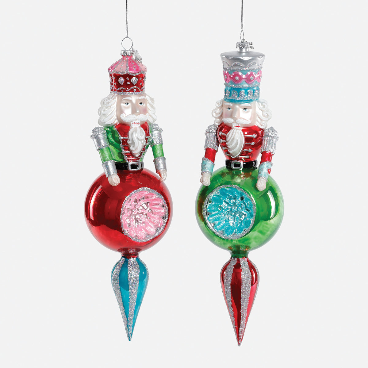 Nutcracker Finial Glass Ornament, Set of 2 Assorted
