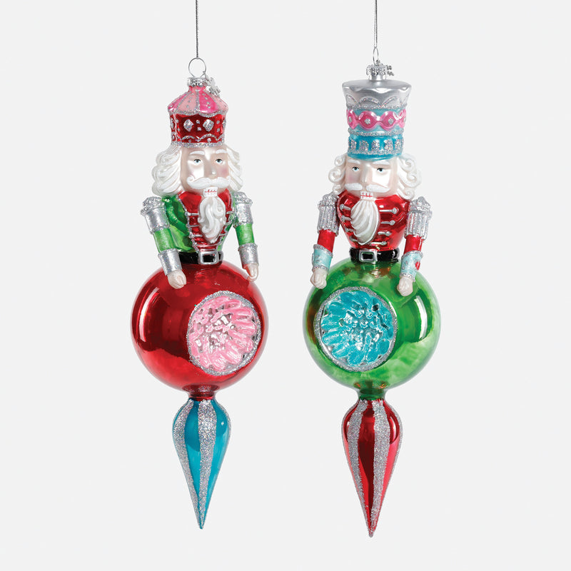 Nutcracker Finial Glass Ornament, Set of 2 Assorted