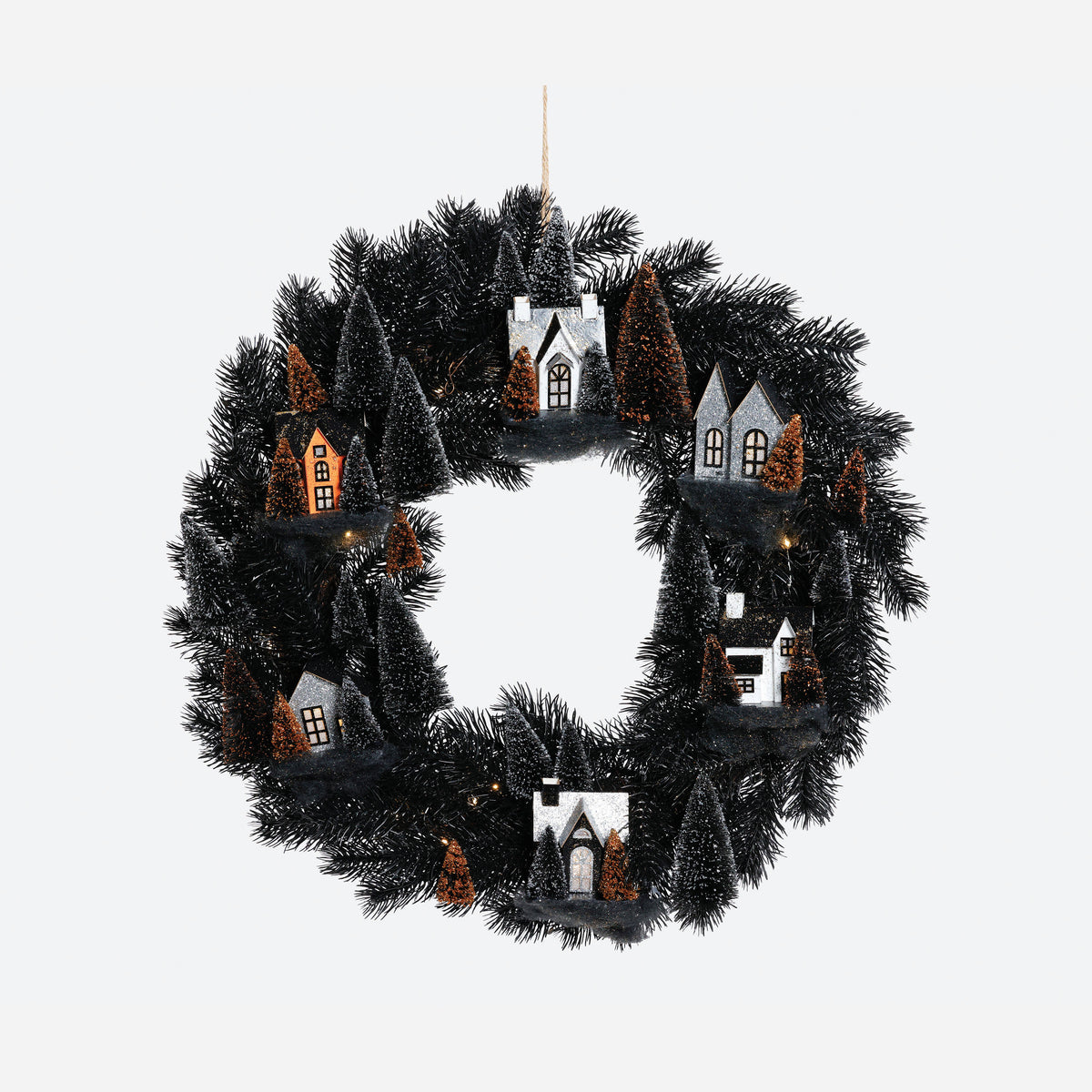 Halloween Wreath with Lighted Houses
