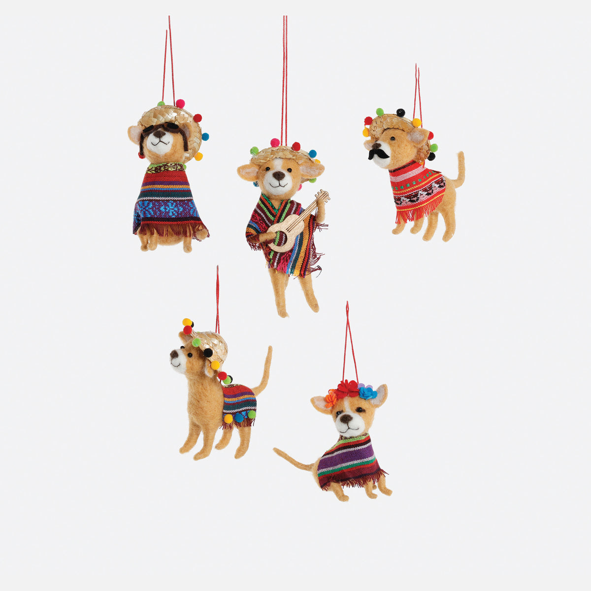 Mexican Chihuahua Wool Ornament, Set of 5 Assorted
