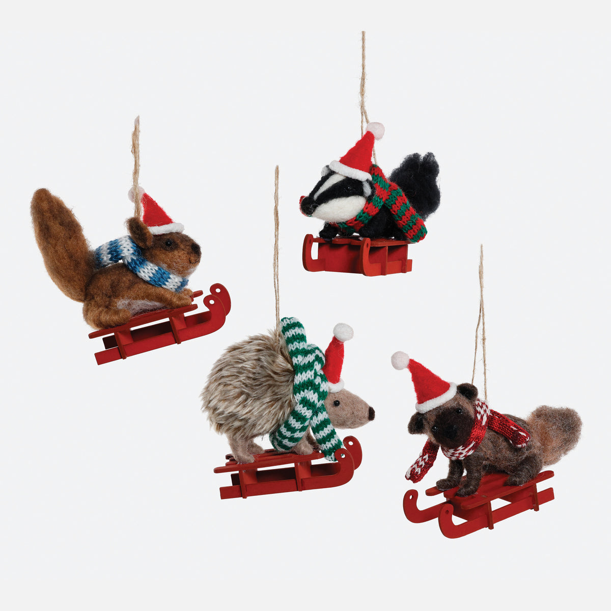 Sledding Animal Wool Ornament, Set of 4 Assorted