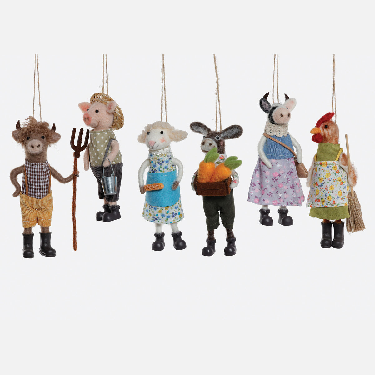 Farm Animal Wool Ornament, Set of 6 Assorted