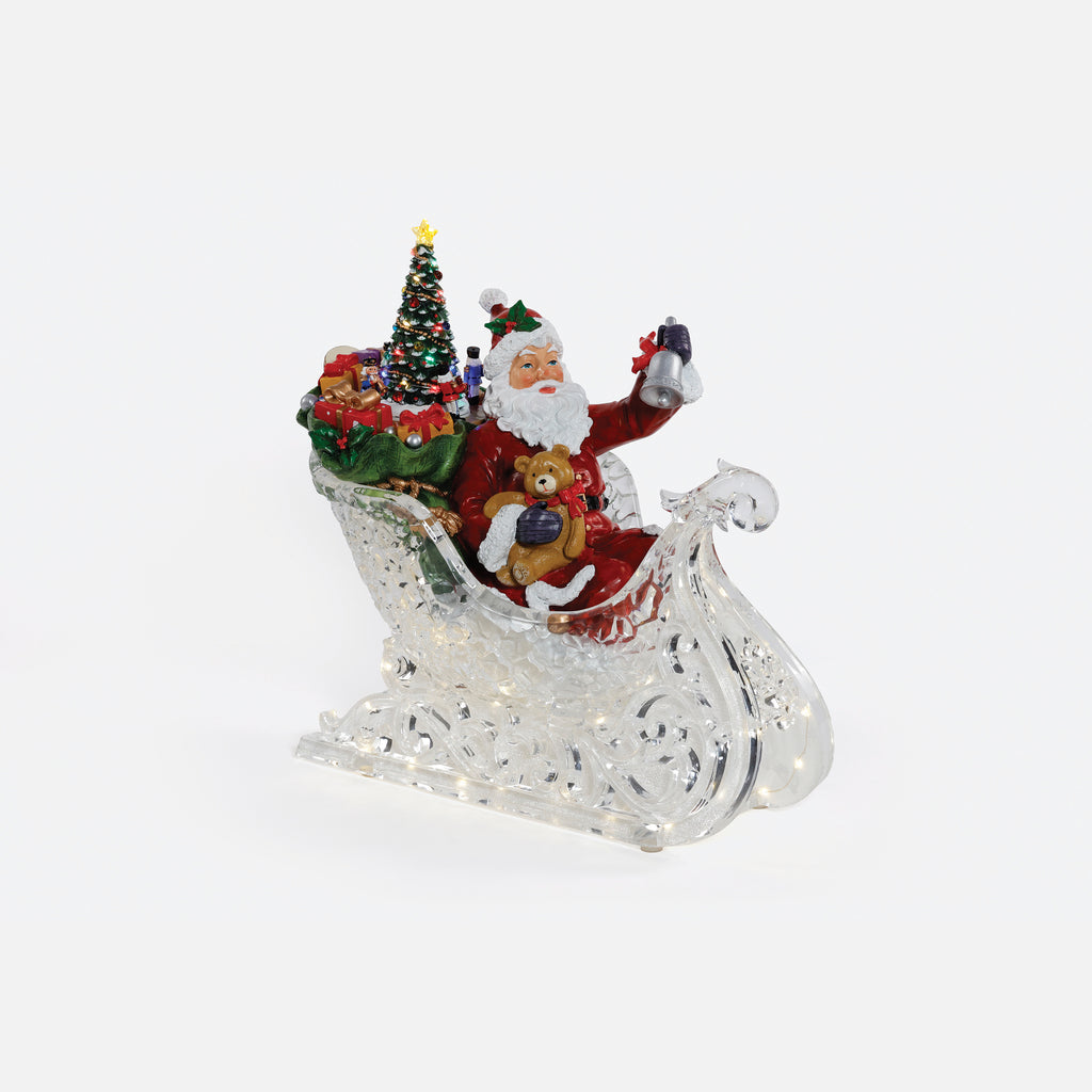 Lit Musical Acrylic/Resin Santa in Sleigh
