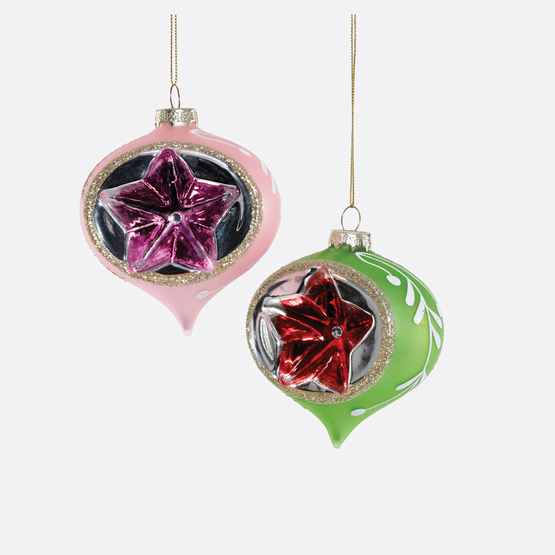 Reflector Finial Ball Glass Ornament, Set of 2 Assorted - Pink & Green