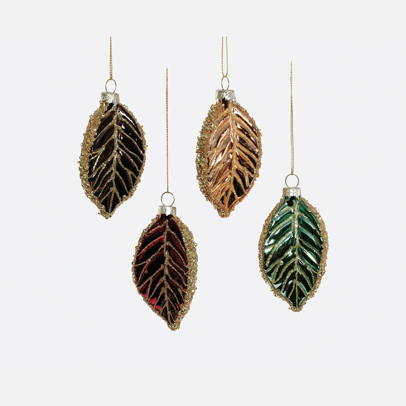 Glitter Leaf Glass Ornament, Set of 4 Assorted