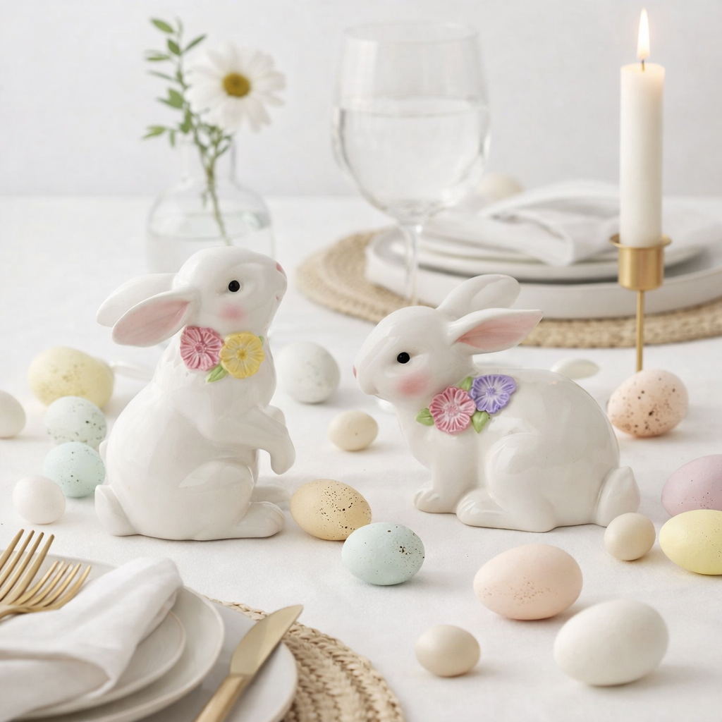 Easter table setting with ceramic bunnies, pastel eggs, and a candle.