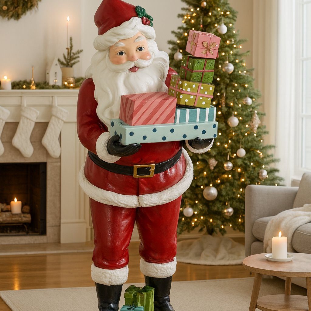 Decorative Santa Claus figure holding gifts in a festive living room with a Christmas tree.