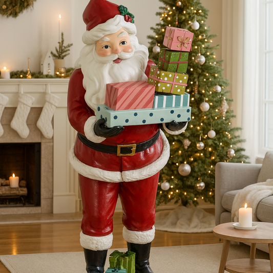 Decorative Santa Claus figure holding gifts in a festive living room with a Christmas tree.