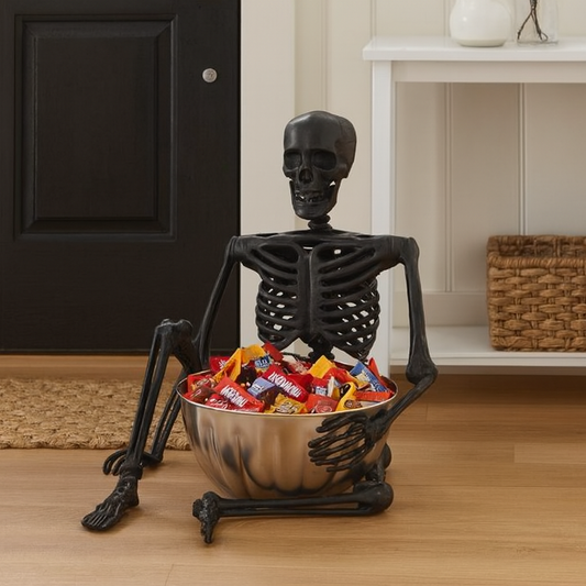 Skeleton holding a bowl of Halloween candy in a home setting