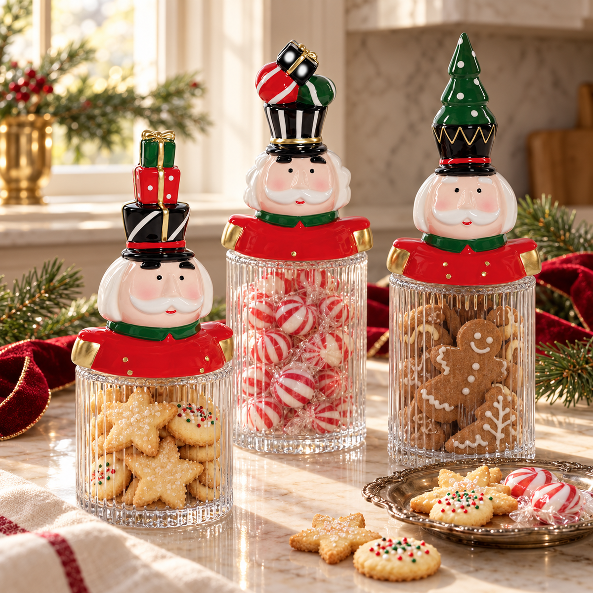 Nutcracker Ceramic with Glass Canister, Set of 3 Assorted