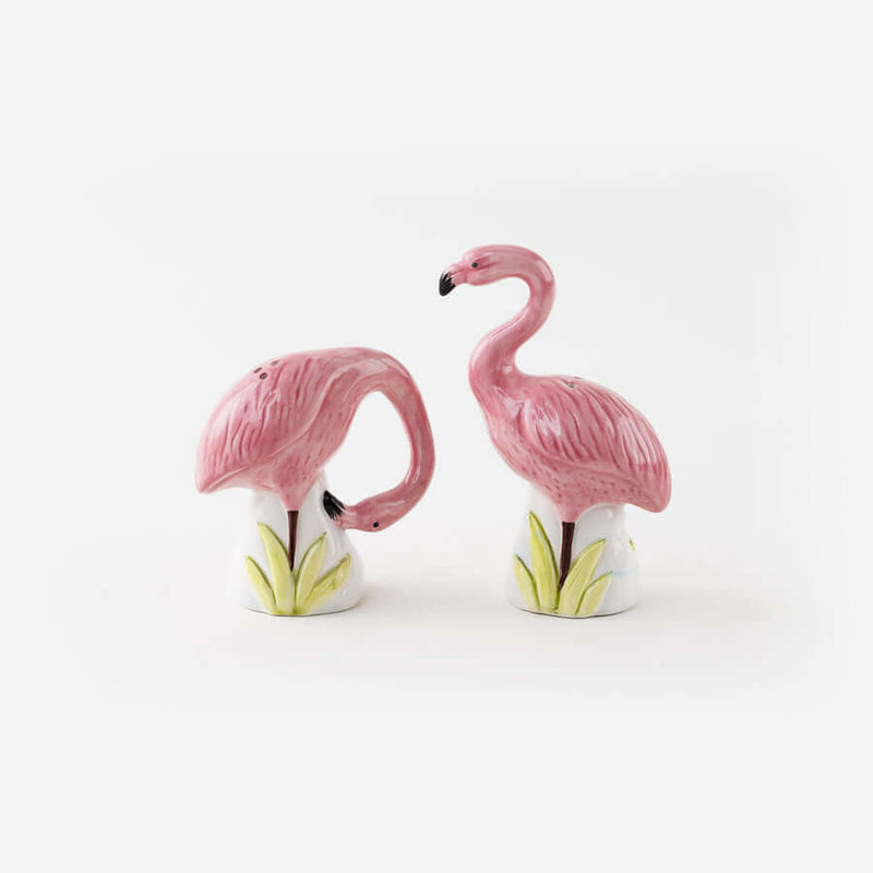 Flamingo Salt & Pepper Shakers with Gift Box featuring two hand-painted ceramic flamingos on a white background.
