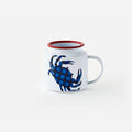 Crab Enamel Mug - Set of 6 with blue crab design and red rim, perfect for summer drinks.