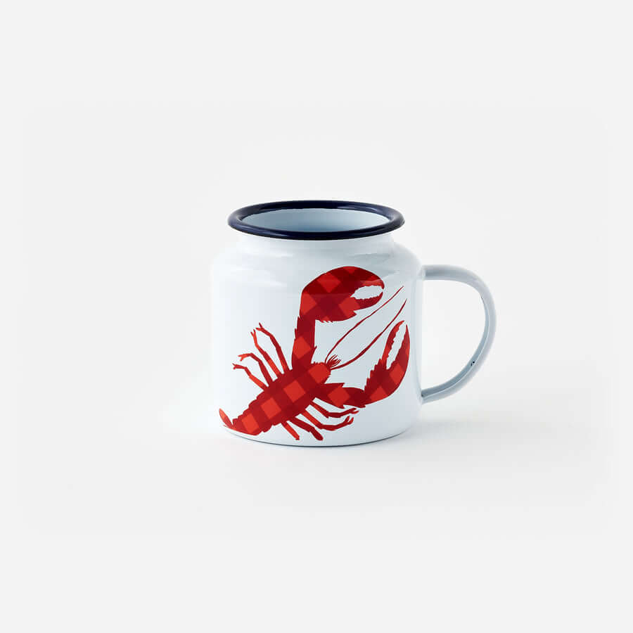 Lobster Enamel Mug, Set of 6 featuring red plaid lobster design on white enamel with navy rim.