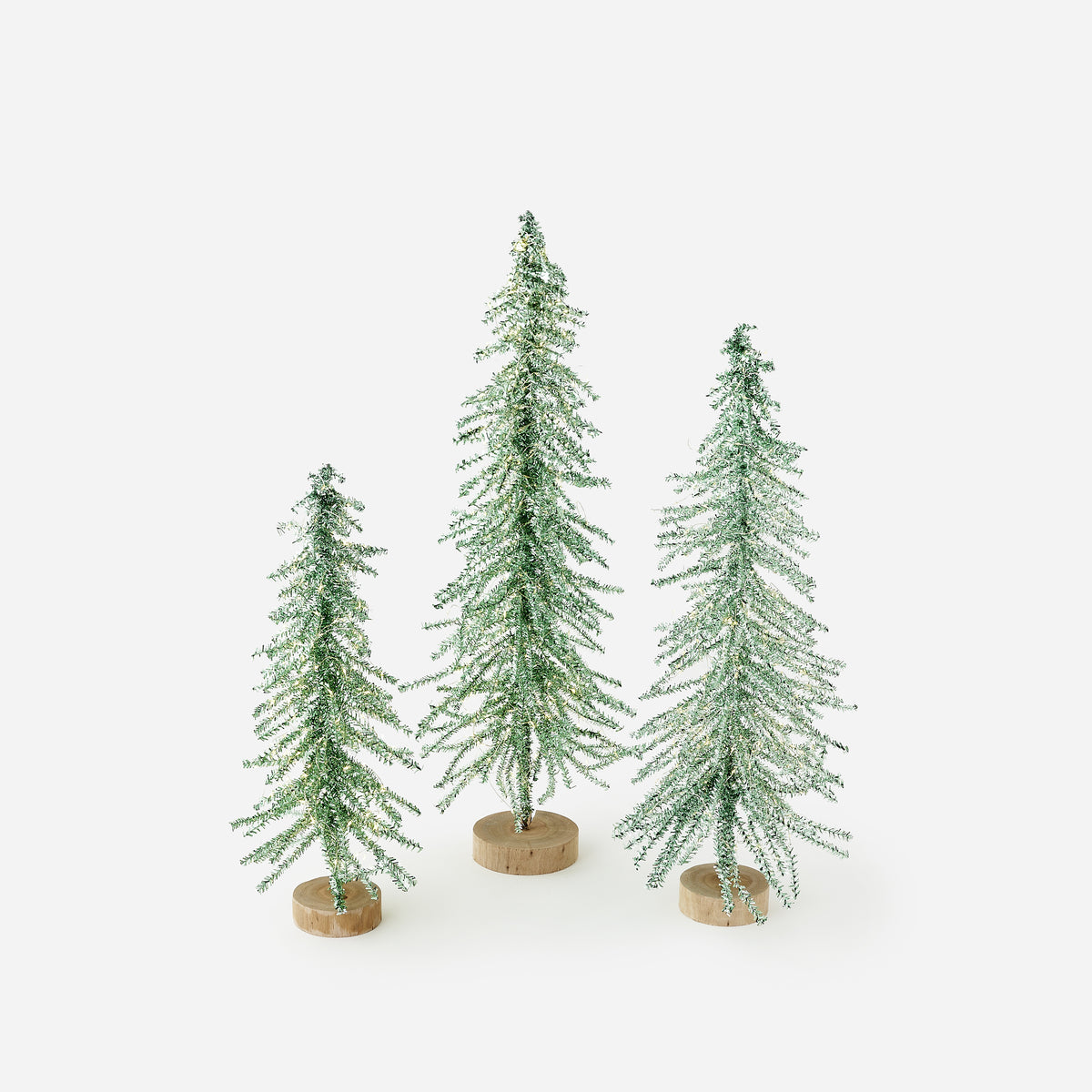 Lit Green Tinsel Tree with Adapter, Set of 3