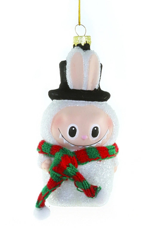 Decorative Christmas ornament of a snowman with a top hat and scarf on a white background