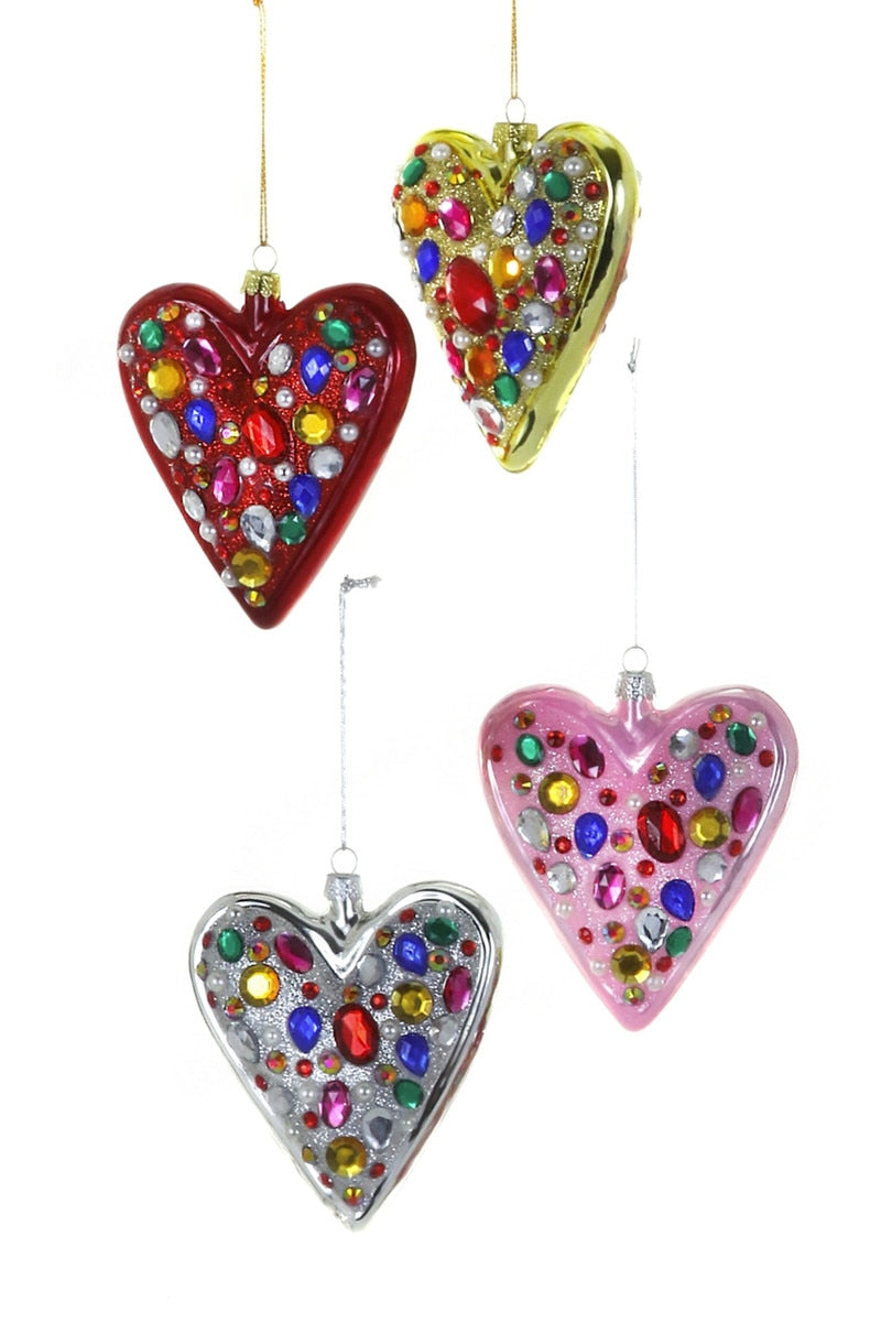 Jewel-Encrusted Heart Ornament, Set of 4 Assorted