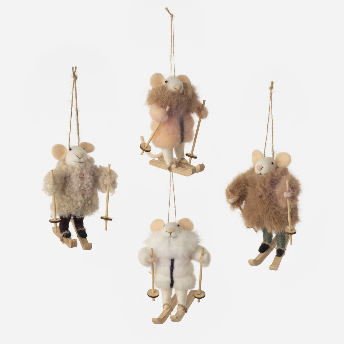 Skiing Mouse Felt Ornament, Set of 4 Assorted