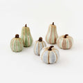 Striped Pumpkin, Set of 6 Assorted featuring soft-toned ceramic pumpkins in sage, blush, and dove gray.