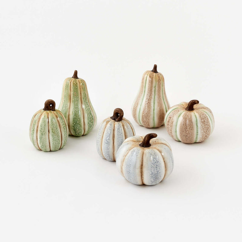 Striped Pumpkin, Set of 6 Assorted featuring soft-toned ceramic pumpkins in sage, blush, and dove gray.