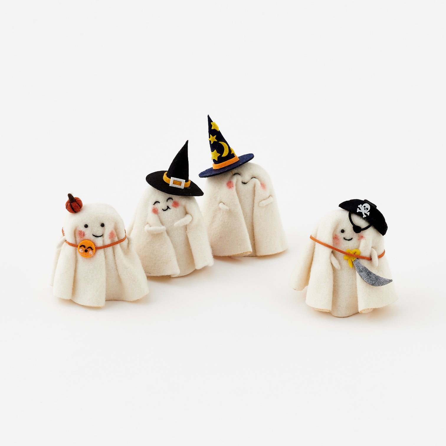 Four Halloween-themed ghost figurines with various accessories on a white background