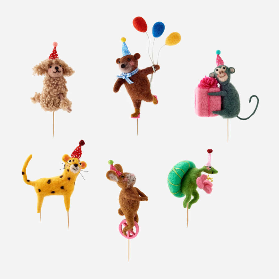 Birthday Cake Topper - Set of 6 Assorted featuring adorable needle-felted animals in party attire.