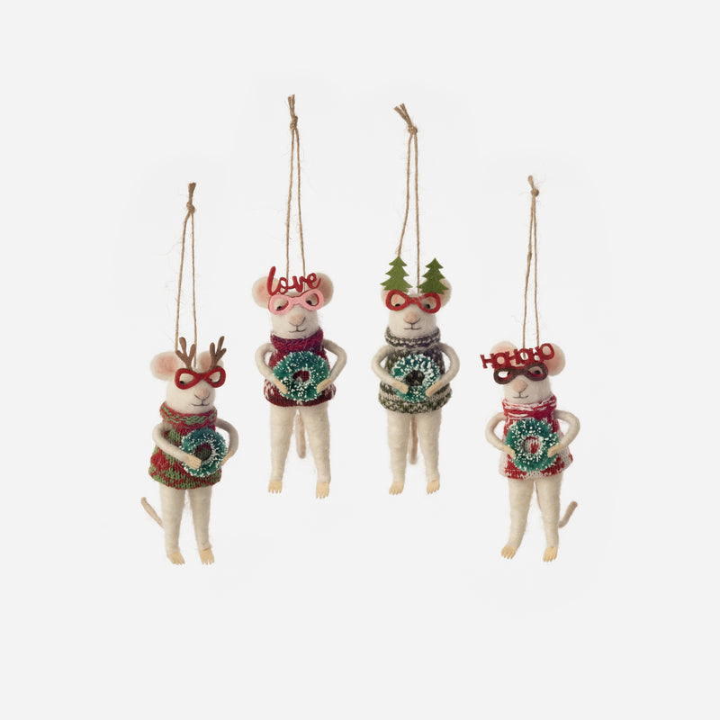 Felt Mouse Ornament, Set of 4 Assorted