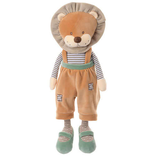 Happy Mael Plush Toy featuring a lion in striped sleeves and dungarees with sage green shoes.