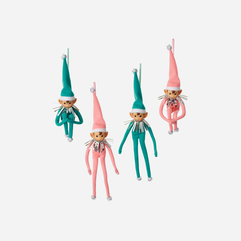 Felt Elf Ornament with Vinyl Head, Pink & Teal, Set of 4 Assorted