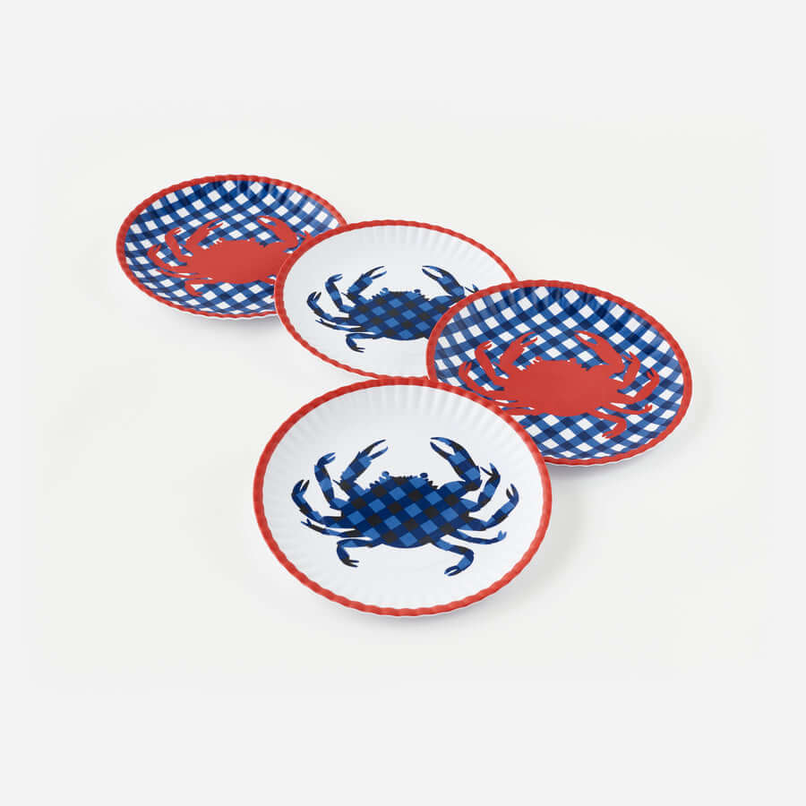 Crab "Paper" Plate - Set of 4 Assorted featuring blue plaid and red crab designs on melamine plates.