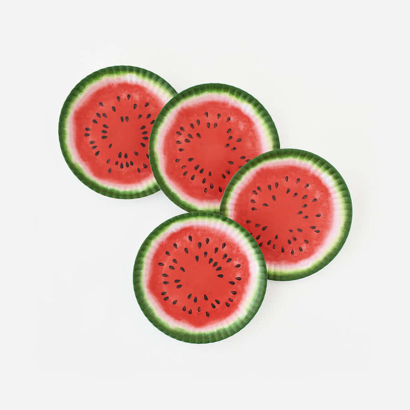 Watermelon "Paper" Plate - Set of 4 displayed with vibrant red center and green rind design.